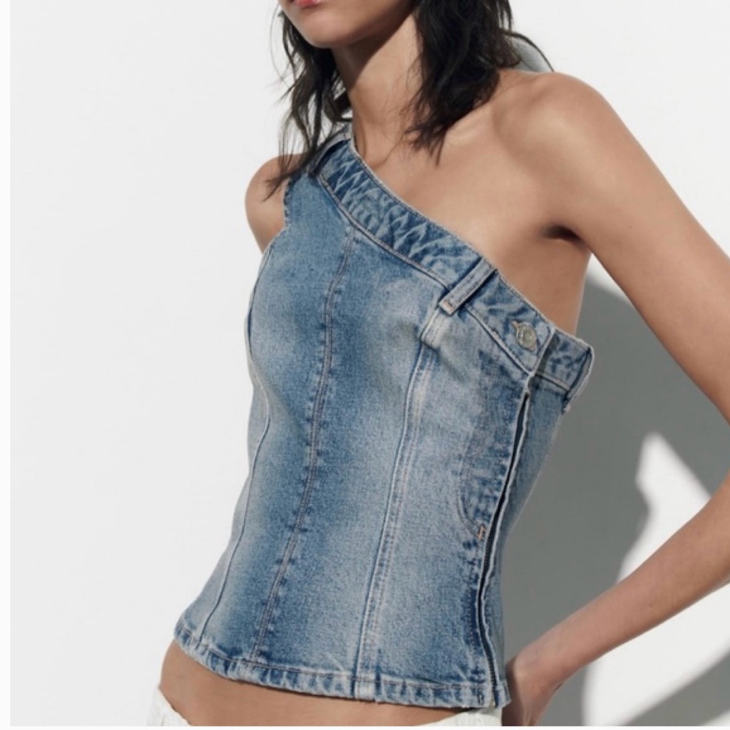 Zara One-Shoulder Light Blue Denim Crop Top
